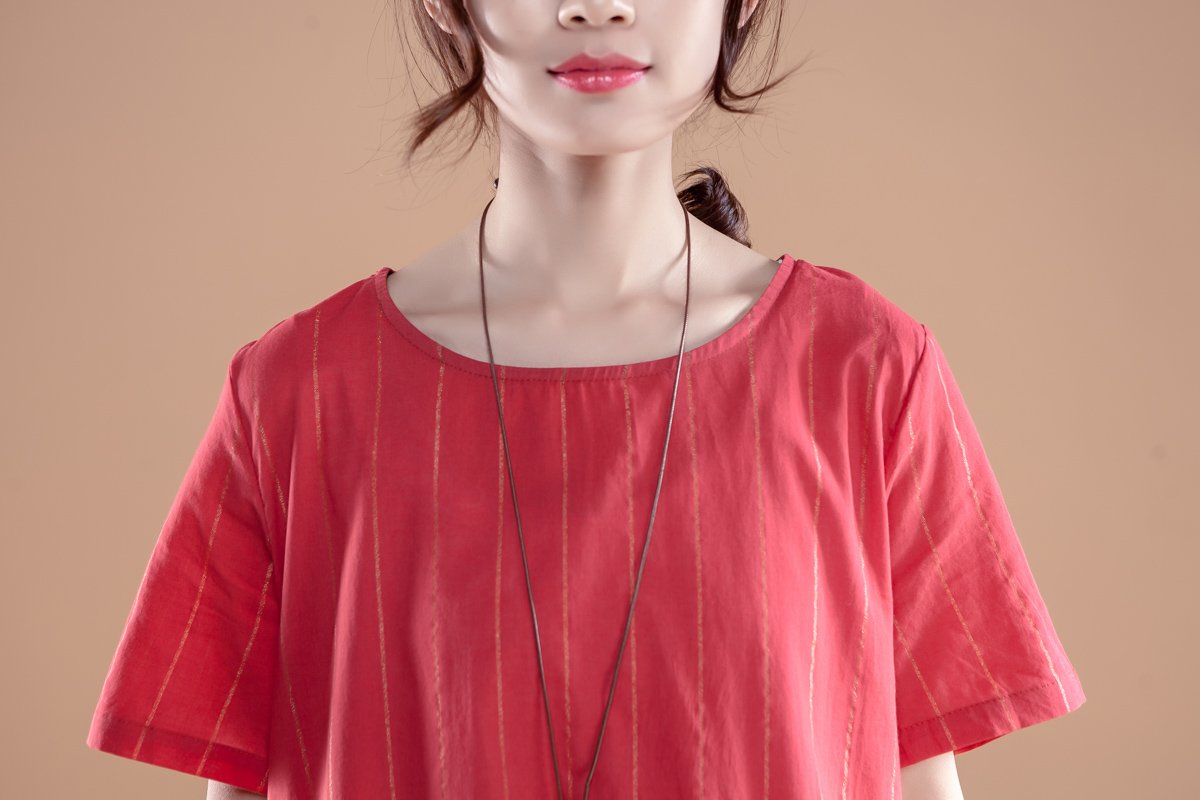 Stripe Casual Round Neck Short Sleeve Navy Blue Tops