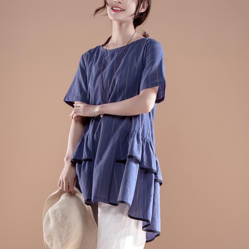 Stripe Casual Round Neck Short Sleeve Navy Blue Tops