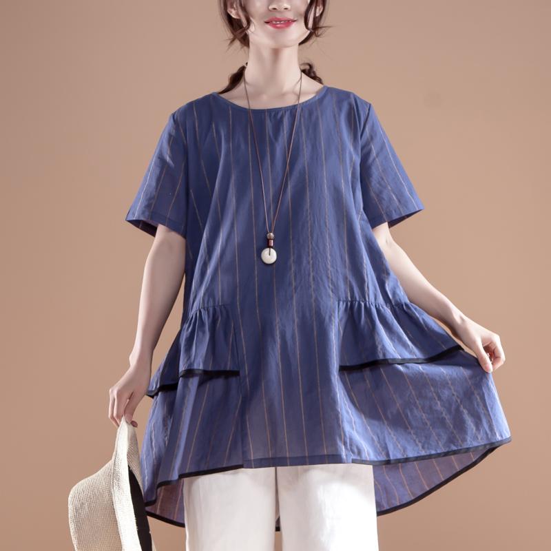 Stripe Casual Round Neck Short Sleeve Navy Blue Tops