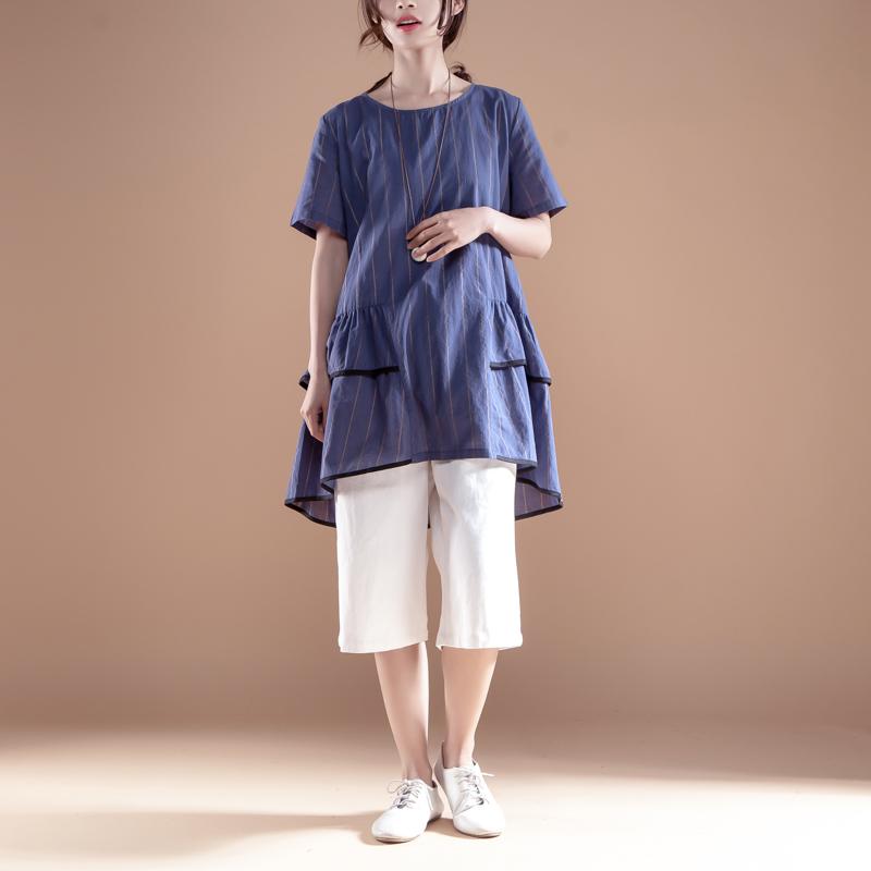 Stripe Casual Round Neck Short Sleeve Navy Blue Tops