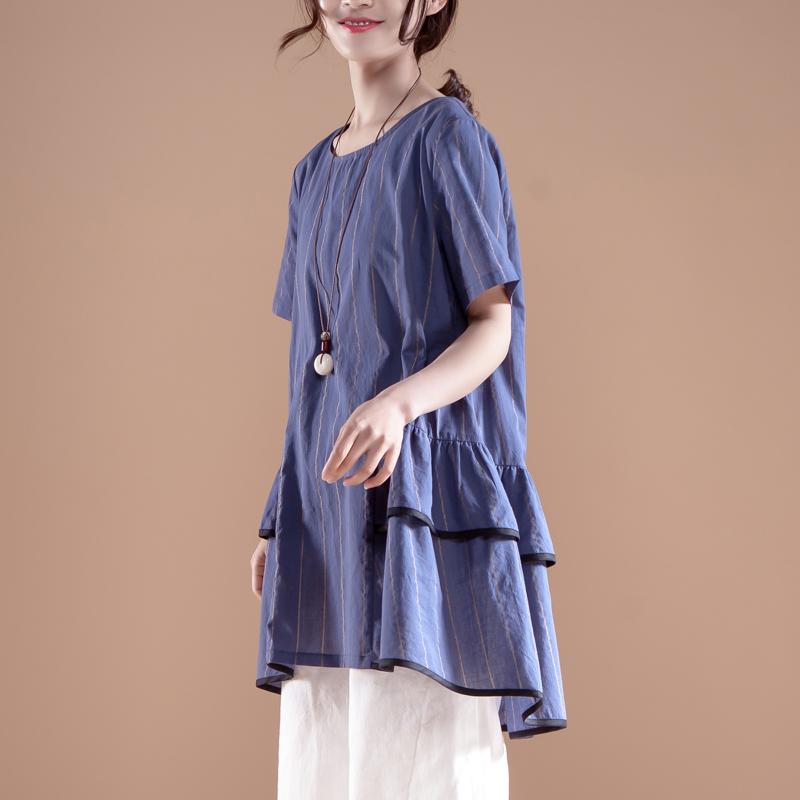 Stripe Casual Round Neck Short Sleeve Navy Blue Tops