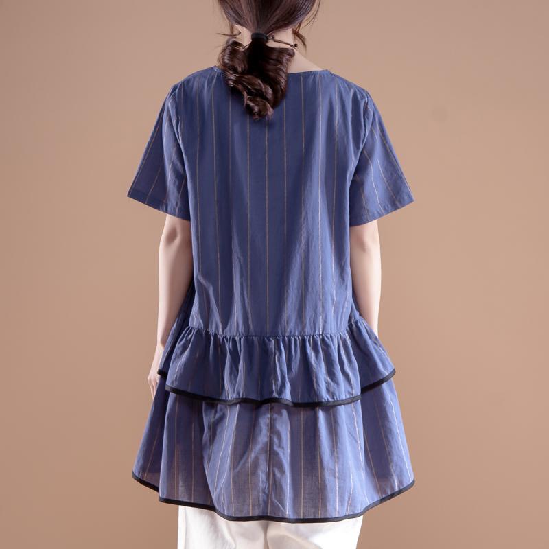 Stripe Casual Round Neck Short Sleeve Navy Blue Tops