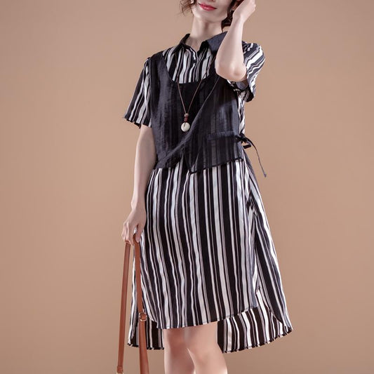 Stripe Polo Collar Short Sleeve False Two-piece Dress
