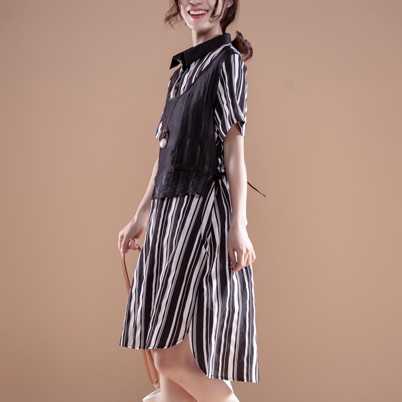 Stripe Polo Collar Short Sleeve False Two-piece Dress