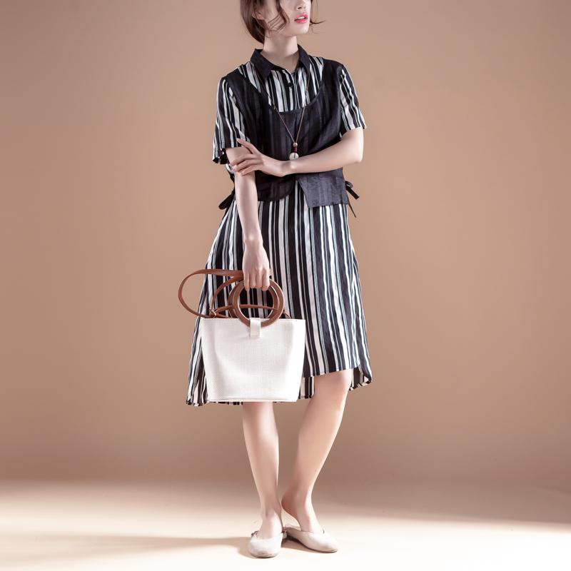 Stripe Polo Collar Short Sleeve False Two-piece Dress