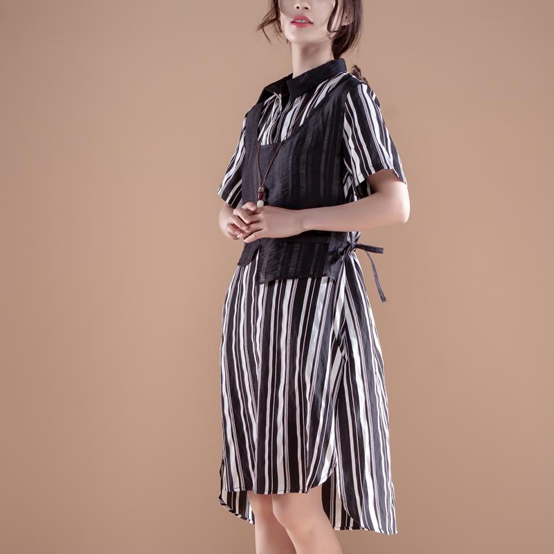 Stripe Polo Collar Short Sleeve False Two-piece Dress