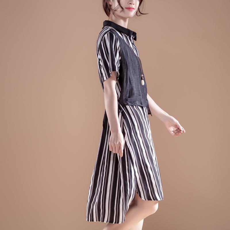 Stripe Polo Collar Short Sleeve False Two-piece Dress