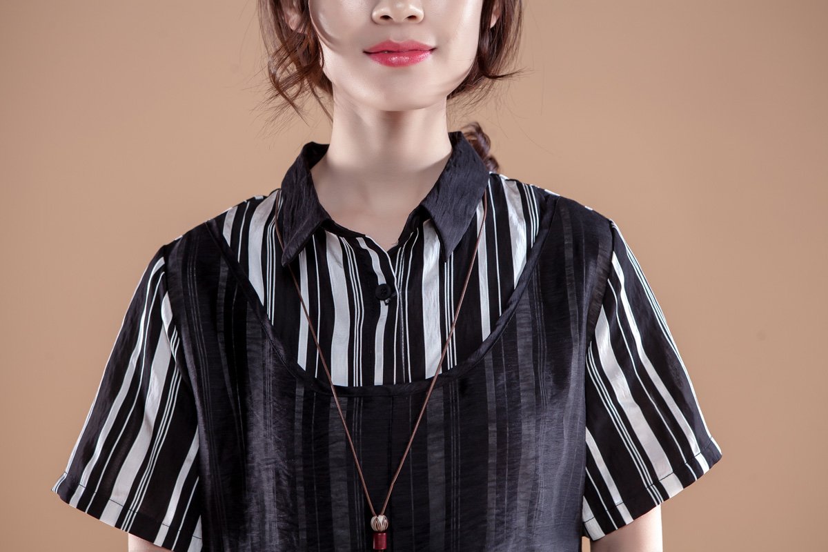 Stripe Polo Collar Short Sleeve False Two-piece Dress