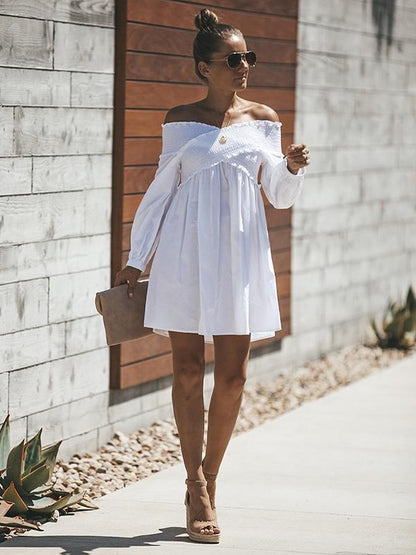 White Hollow Flared Sleeves Mini Dress