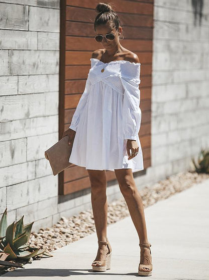 White Hollow Flared Sleeves Mini Dress