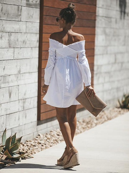 White Hollow Flared Sleeves Mini Dress