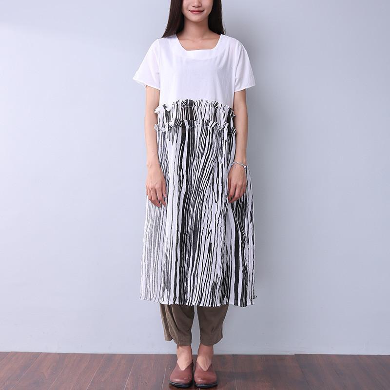 Summer Printing Women Folded Splicing White Dress