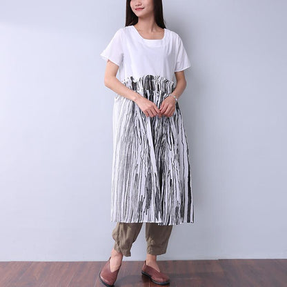 Summer Printing Women Folded Splicing White Dress