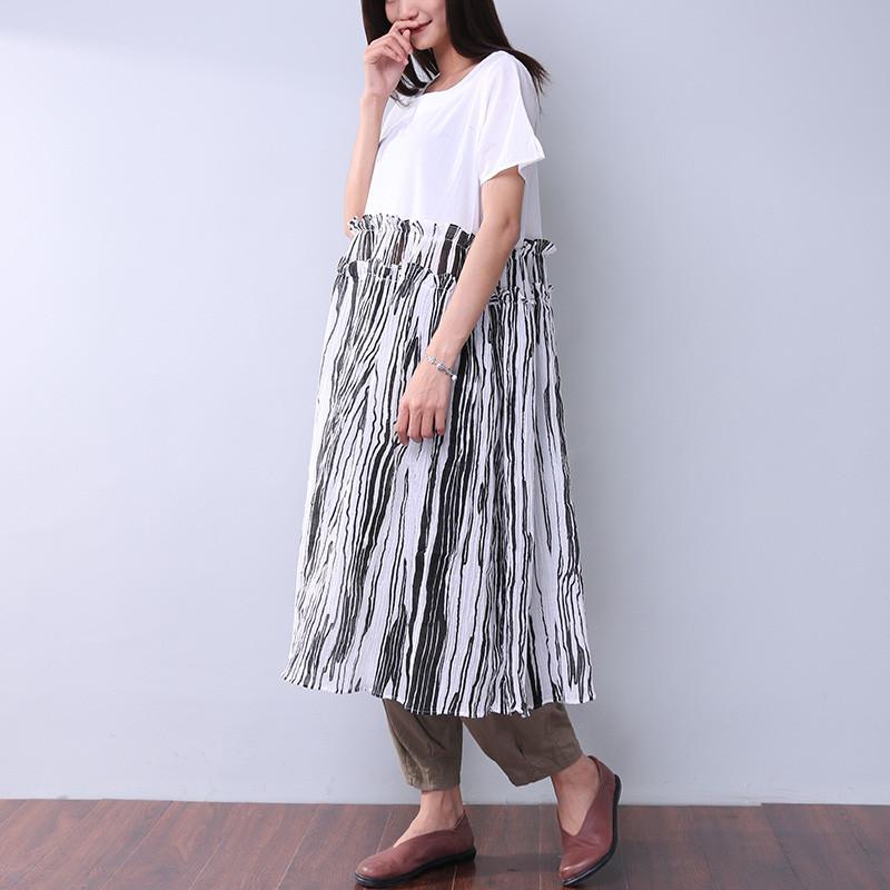 Summer Printing Women Folded Splicing White Dress