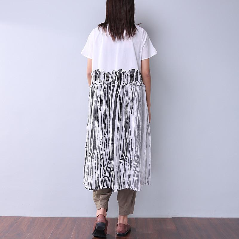 Summer Printing Women Folded Splicing White Dress