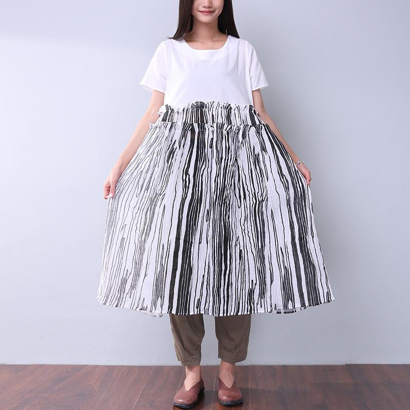 Summer Printing Women Folded Splicing White Dress
