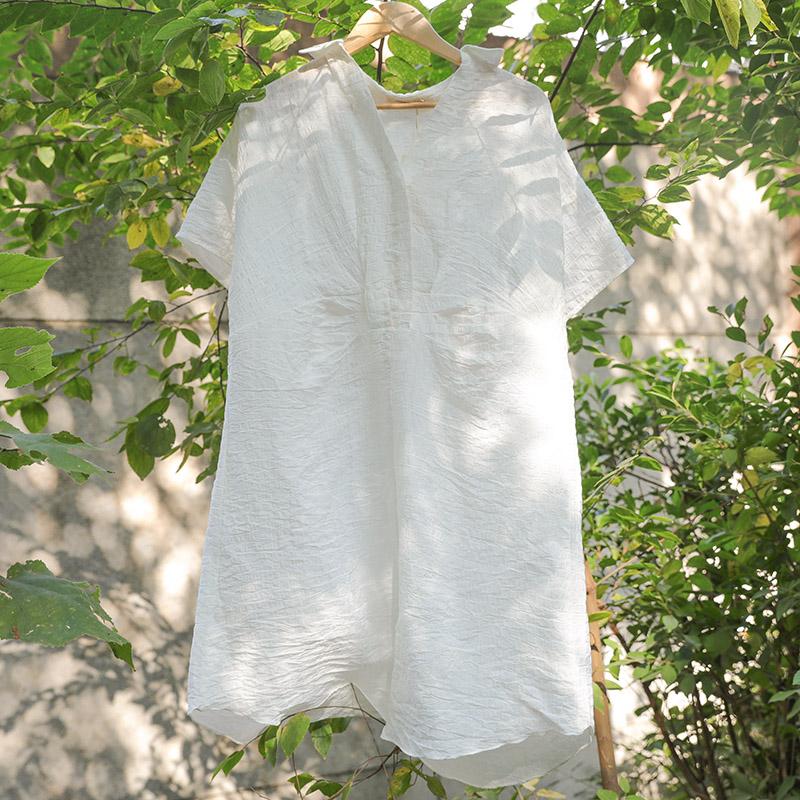 Summer Women Polo Collar Short Sleeve Loose White Dress