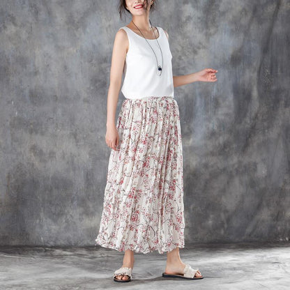 Women Elastic Waist Lining White Pleated Skirts