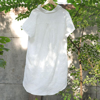 Summer Women Polo Collar Short Sleeve Loose White Dress