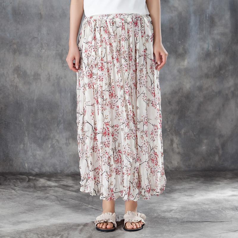 Women Elastic Waist Lining White Pleated Skirts