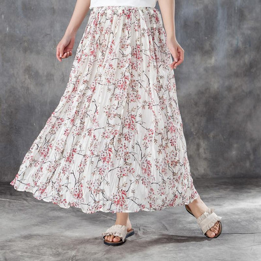 Women Elastic Waist Lining White Pleated Skirts