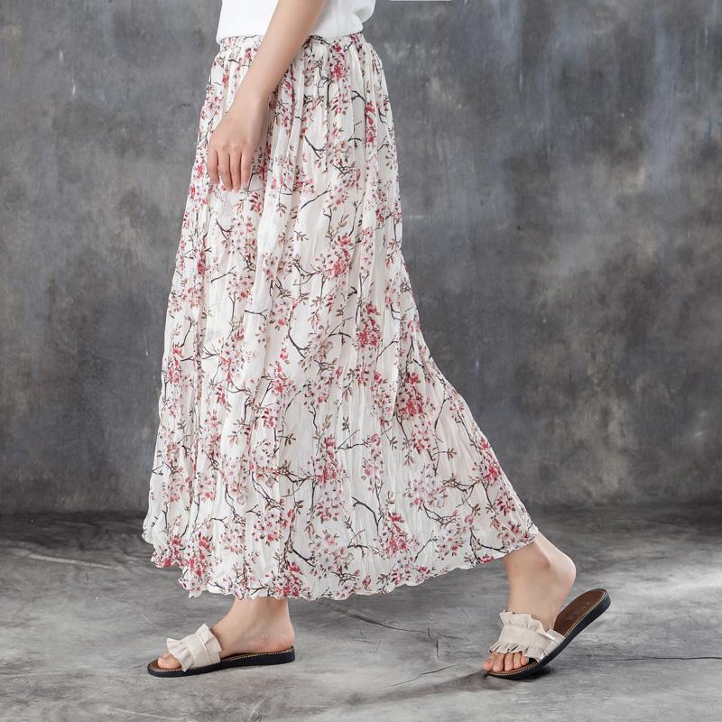 Women Elastic Waist Lining White Pleated Skirts