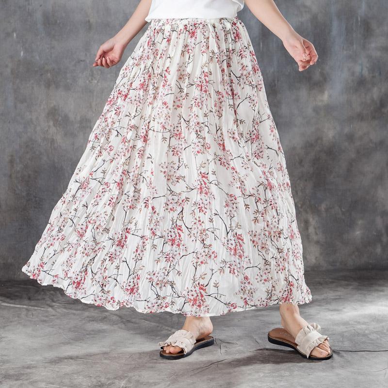 Women Elastic Waist Lining White Pleated Skirts