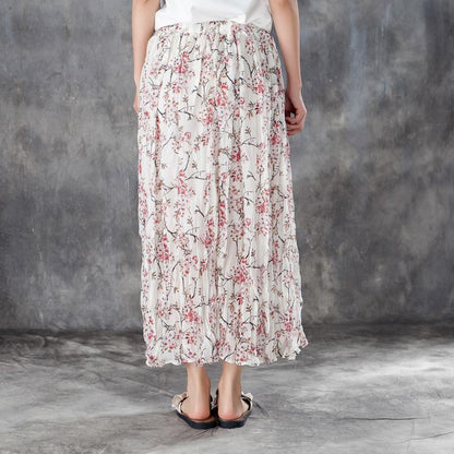 Women Elastic Waist Lining White Pleated Skirts