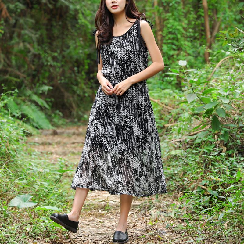 Summer Women Sleeveless Strap Black And White Printing Dress