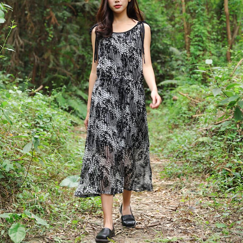Summer Women Sleeveless Strap Black And White Printing Dress