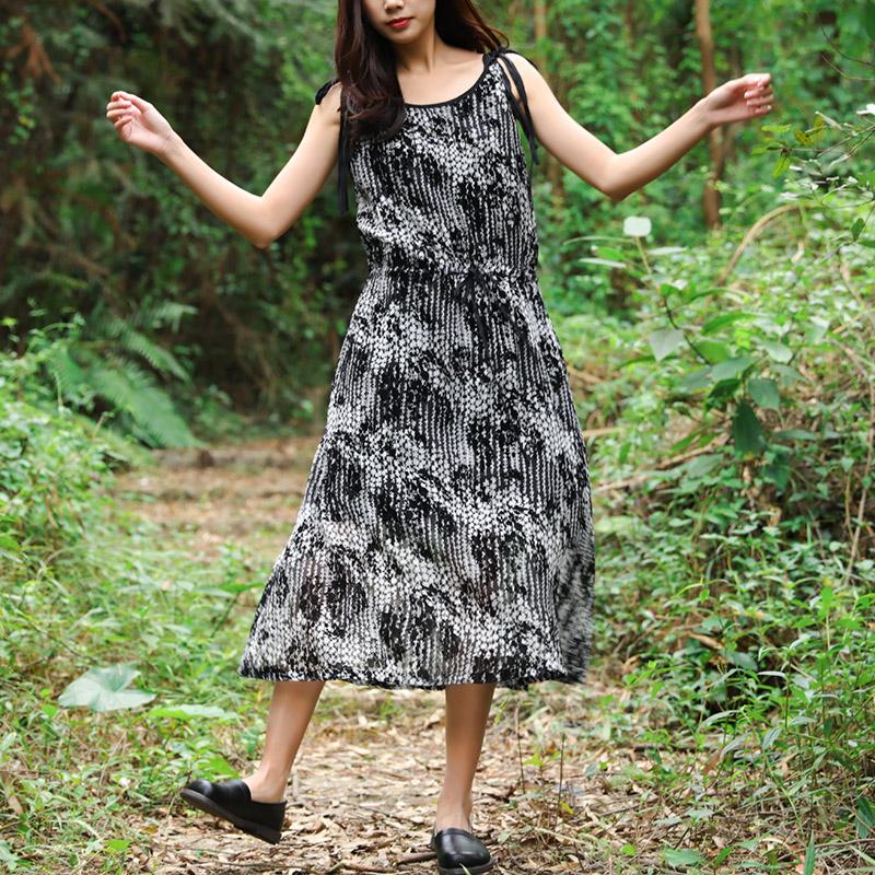 Summer Women Sleeveless Strap Black And White Printing Dress