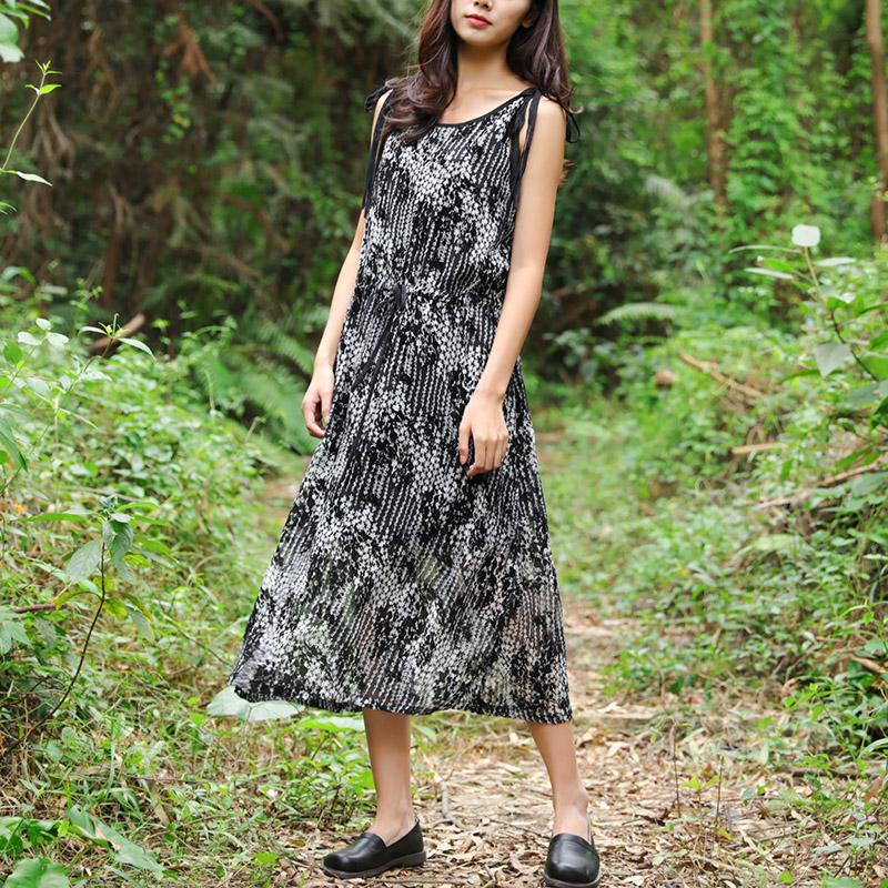Summer Women Sleeveless Strap Black And White Printing Dress
