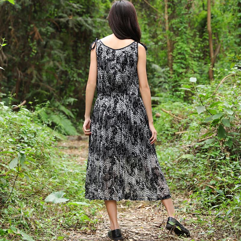 Summer Women Sleeveless Strap Black And White Printing Dress