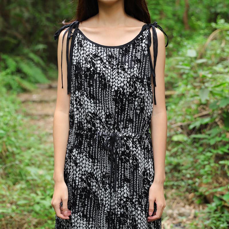 Summer Women Sleeveless Strap Black And White Printing Dress