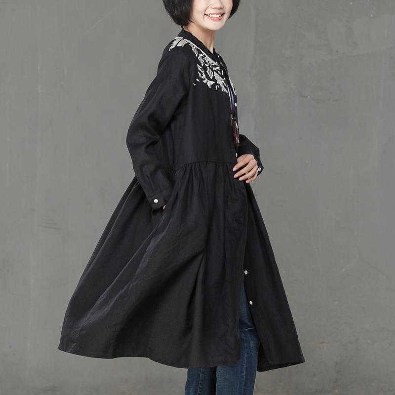 Women Linen Embroidery Long Sleeve Black Pleated Dress