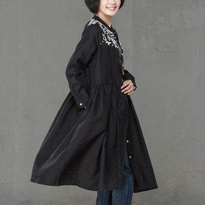 Women Linen Embroidery Long Sleeve Black Pleated Dress