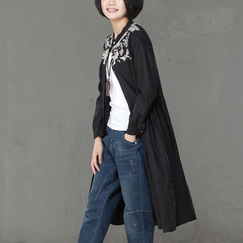 Women Linen Embroidery Long Sleeve Black Pleated Dress