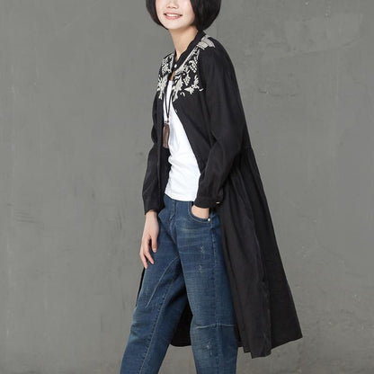 Women Linen Embroidery Long Sleeve Black Pleated Dress
