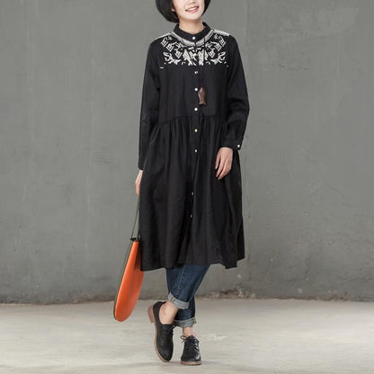 Women Linen Embroidery Long Sleeve Black Pleated Dress
