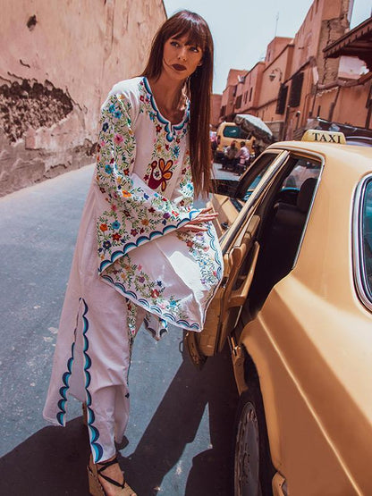 Pink Blue Fairy Sleeves Embroidered Maxi Dress
