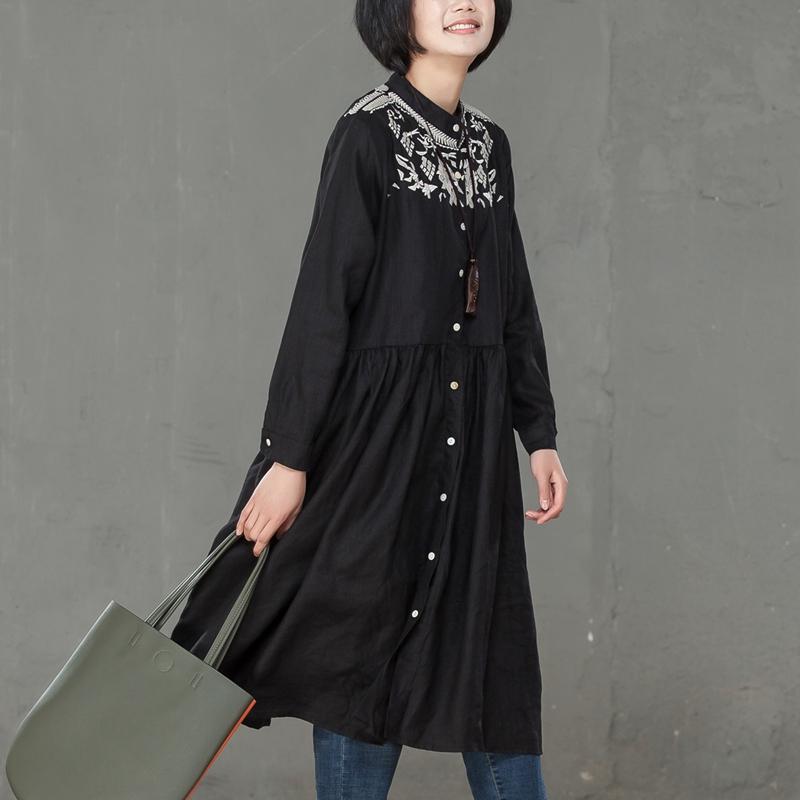 Women Linen Embroidery Long Sleeve Black Pleated Dress