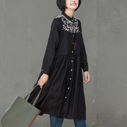 Women Linen Embroidery Long Sleeve Black Pleated Dress