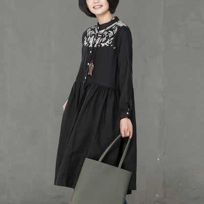 Women Linen Embroidery Long Sleeve Black Pleated Dress