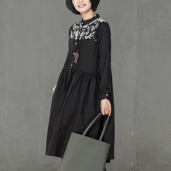 Women Linen Pleated Long Sleeve Embroidered Dress
