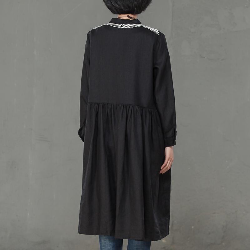 Women Linen Embroidery Long Sleeve Black Pleated Dress