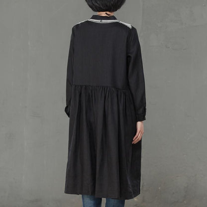 Women Linen Embroidery Long Sleeve Black Pleated Dress
