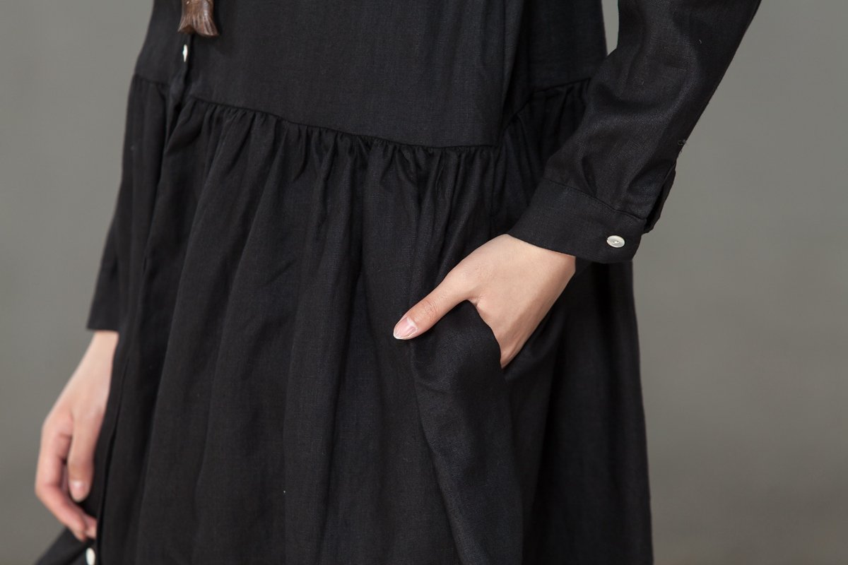 Women Linen Embroidery Long Sleeve Black Pleated Dress