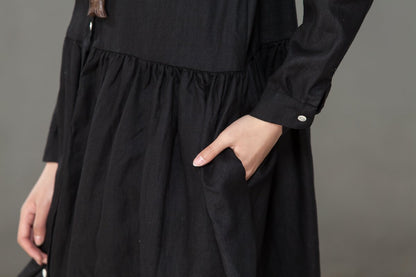 Women Linen Embroidery Long Sleeve Black Pleated Dress