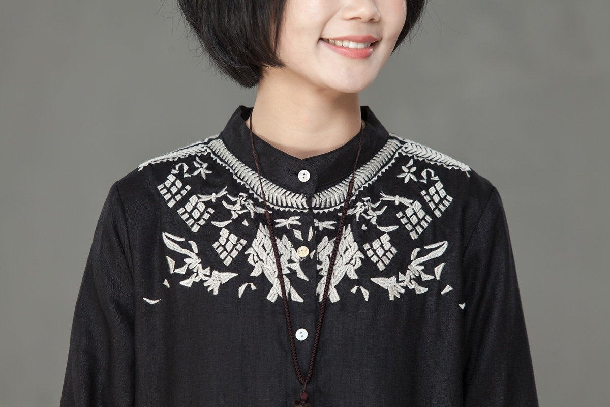 Women Linen Embroidery Long Sleeve Black Pleated Dress
