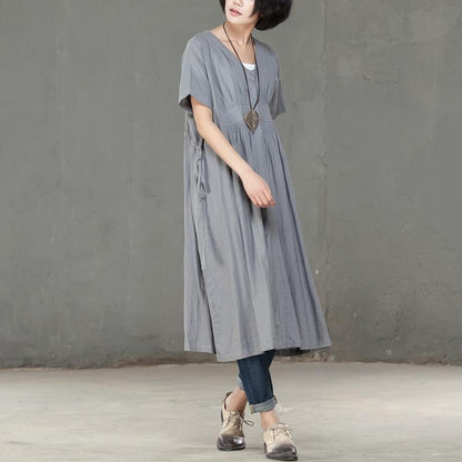 Women Pleated Cotton Linen Short Sleeves Gray Dress